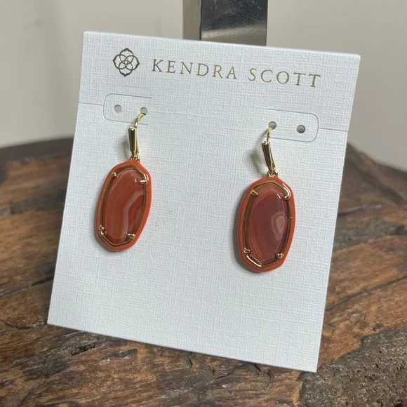 NWT Kendra Scott Dani Gold Enamel Frame Drop Earrings in Orange Banded  Agate!